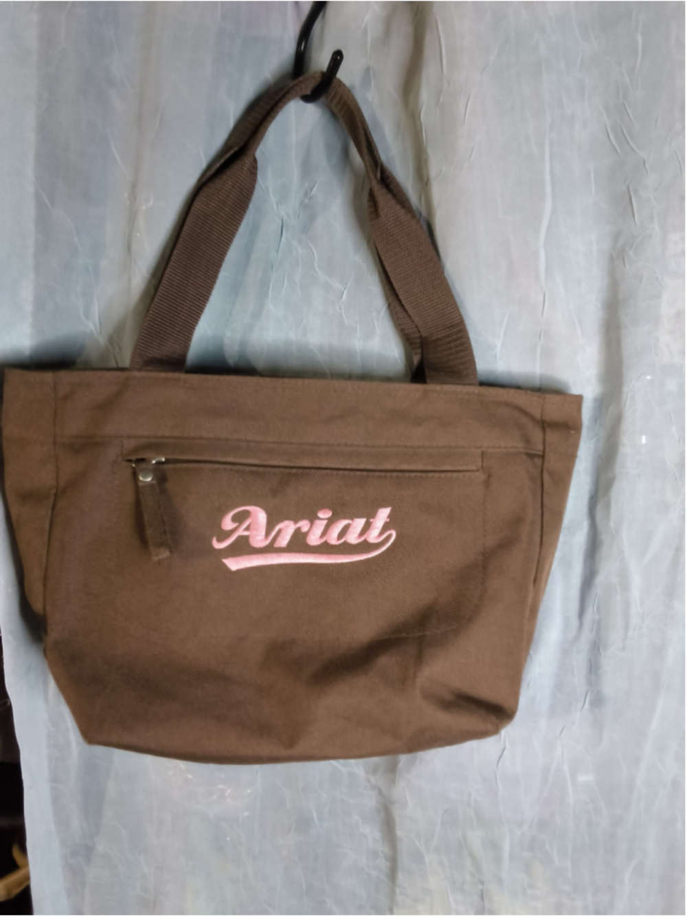 Ariat Brown Canvas Handbag with pink embroidered script lettering